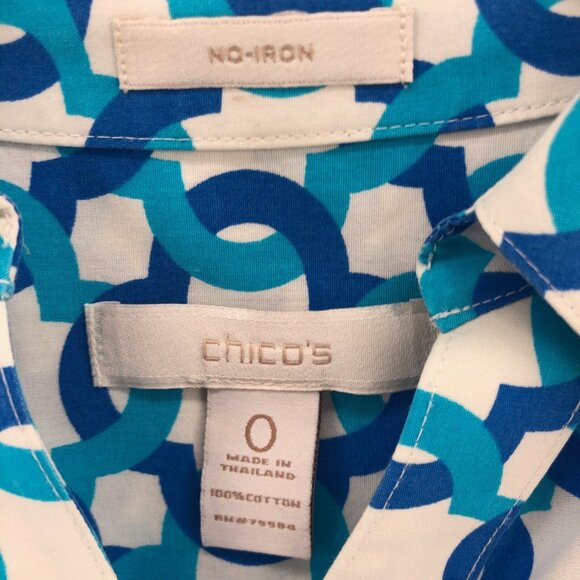 Chicos Shirt Womens 0 US 4 Blue Geometric No Iron Button Up Collar 3/4 Sleeve - Picture 5 of 9